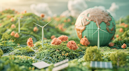 Aufkleber - A visually captivating eco-friendly concept illustration, featuring miniature wind turbines and solar panels set against a vibrant green landscape with small trees and lush, grassy textures.