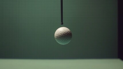 Wall Mural - A white golf ball hangs suspended in mid-air, seemingly defying gravity. It is positioned in front of a dark green background.
