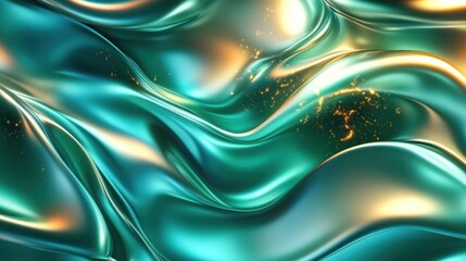 Wall Mural - abstract background with shimmering teal liquid waves and golden sparkles.