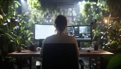 Wall Mural - A woman sits at a desk in a home office with a large monitor and surrounded by lush greenery.