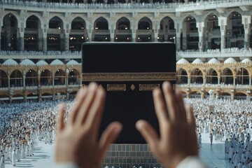 Aerial view of worshipers performing Tawaf ritual around the Kaaba in the Grand Mosque during a