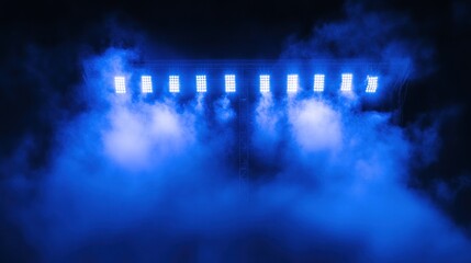 Wall Mural - Blue stage lights illuminating a stage through a haze of fog, creating a dramatic atmosphere.