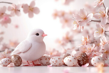 A white bird with a pink beak and feet is sitting on a table with eggs and flowers