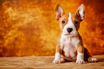 Bull Terrier puppy, small with egg-shaped head, sitting with a curious look, playful and adorable