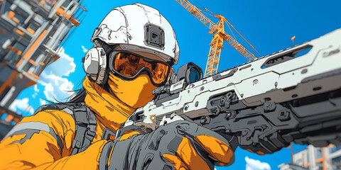 Poster - futuristic female engineer in protective gear holds high tech device on construction site, with cranes in background, showcasing innovation and technology