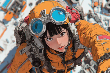 Poster - female engineer in dynamic pose, wearing orange jacket and goggles, looks up with determination. background features futuristic, mechanical environment