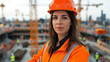 © DOUGLAS - confident female engineer in orange safety jacket and helmet stands on construction site, surrounded by cranes and workers, showcasing leadership and expertise