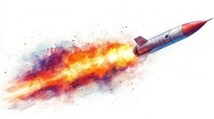 Wall Mural - dynamic illustration of a missile soaring against a pristine white background, with a fiery trail em