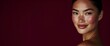 © NN AI - Young asian woman with freckles and burgundy lipstick on dark red background, luxury beauty and cosmetic brand concept