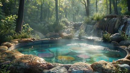 Poster - A hot spring with multi-colored mineral patterns, nestled in a quiet forest setting.