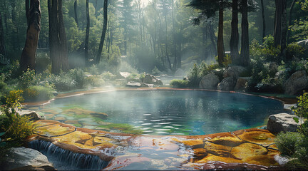Poster - A hot spring with multi-colored mineral patterns, nestled in a quiet forest setting.