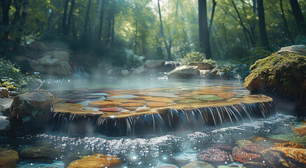 Poster - A hot spring with multi-colored mineral patterns, nestled in a quiet forest setting.