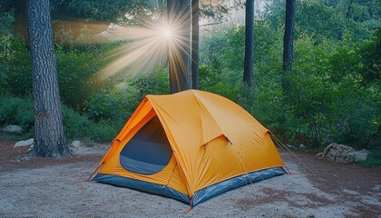 A vibrant orange tent set in a serene forest, illuminated by soft sunlight, ideal for camping and outdoor adventures.