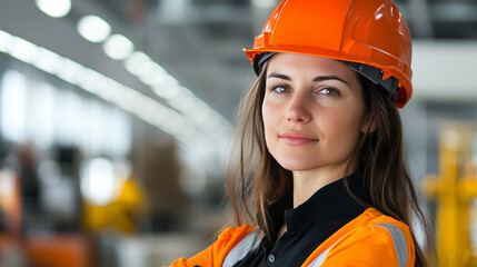 confident female engineer wearing orange hard hat and safety vest stands in industrial setting, showcasing professionalism and expertise