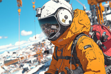 Aufkleber - futuristic female engineer in orange spacesuit stands confidently on construction site, with cranes and cityscape reflected in her helmet. scene is dynamic and vibrant