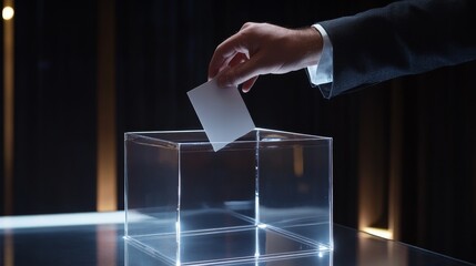 Transparent voting box, hand inserting ballot, election transparency, voting process.