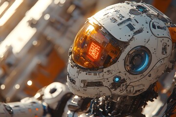 Poster - A futuristic robot head with intricate details and glowing features.