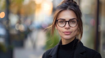 Beautiful businesswoman with neatly tied hair and glasses outdoors with blurred road background,