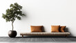 © altitudevisual - Minimalist interior with a potted tree and simple wooden bench with orange cushions against a white wall.