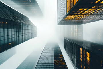 Poster - Skyscrapers emerging from fog in a bustling urban landscape