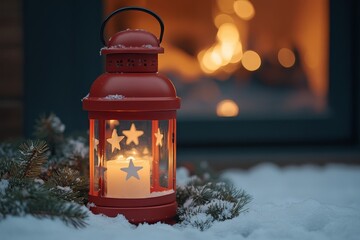 A red lantern adorned with white stars sits in the snow, glowing warmly, positioned in front of an open window with a blurred fireplace lighting, surrounded by green pine branches and a snowy scene.