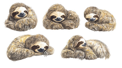 Poster - Set of Five Adorable Sloths Resting on a White Background Generative AI