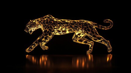 Wall Mural - A golden, low-poly leopard with glowing spots stands on a black background.