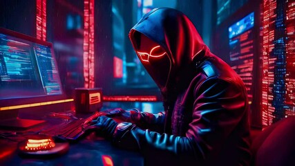 Hacker in a dark room working on a computer with glowing neon lights.