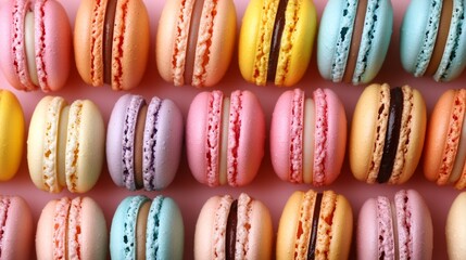 A row of colorful macarons on a pink background