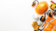 © altitudevisual - Personal protective equipment set on white background including helmet, gloves, earmuffs, goggles, vest, and mask for industrial safety