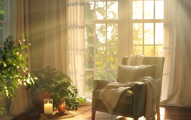 Poster - A sunlit cozy corner featuring a chair, greenery, and soft lighting, creating a warm, inviting atmosphere.