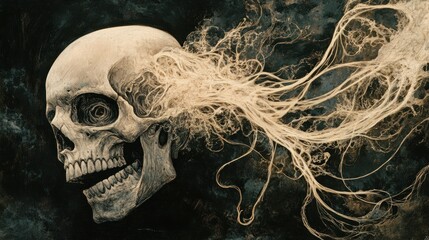 A human skull with wispy, ethereal tendrils of smoke or energy emanating from its open cranium. The background is a dark, textured canvas.