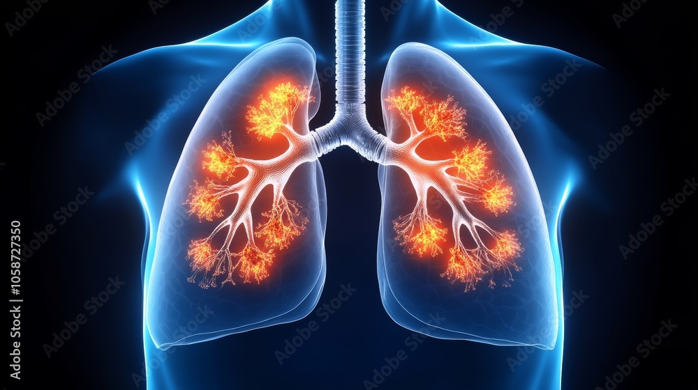 Lung Disease and Vaping 3D Illustration of Alveoli Inflammation, Bronchi, Human Respiratory System