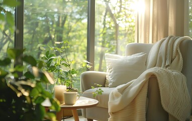 Poster - A cozy living space with natural light, a comfortable chair, soft throw, and greenery, creating a serene and inviting atmosphere.