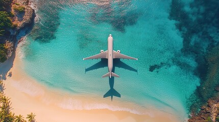 Aerial view of an airplane's shadow flying over tropical beach, with white sand and turquoise water, creating vacation concept