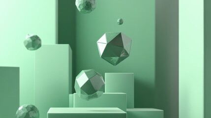 Poster - Soft green gradient background with floating polygon shapes in muted greens and greys, bringing a light and modern touch to presentation slides