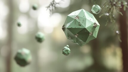 Poster - Soft green gradient background with floating polygon shapes in muted greens and greys, bringing a light and modern touch to presentation slides