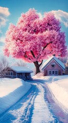 Wall Mural - A pink tree in the middle of a snowy road