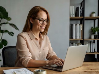 a woman is sitting at her desk. a woman is working on her laptop in the office