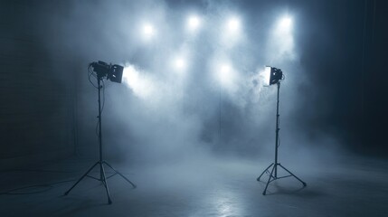 Wall Mural - Two spotlights shining in a smoky, dark studio with a blurred background.
