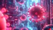 © h4kunA - 3D rendering of a virus in a futuristic cyberspace environment with glowing neon lights.