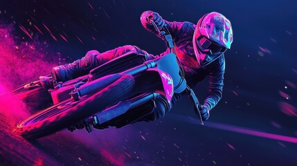 Wall Mural - A motorcyclist in a white helmet and black racing suit rides a dirt bike on a neon track.