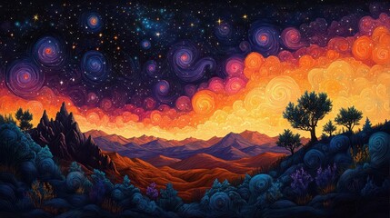 Wall Mural - extraterrestrial landscape bursting with cosmic colors, a canopy filled with spirals of vibrant space dust, stars twinkling in a deep purple sky, embodying the awe and mystery of the galaxy