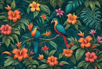 Naklejka na meble Tropical exotic pattern with animal and flowers in bright colors and lush vegetationn