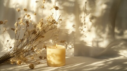 Sticker - Candle mockup on a textured surface featuring soft natural lighting and dried floral accents ideal for elegant home decor and product branding