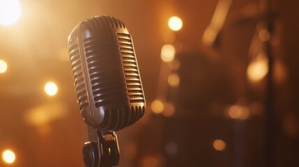 Wall Mural - a vintage microphone stands in front of a blurred stage lit by spotlights.