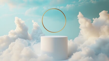 Wall Mural - A white podium with a golden ring above it, all set against a background of fluffy white clouds and a light blue sky.