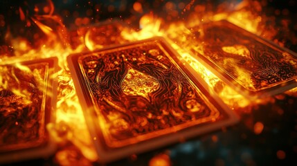 Playing cards engulfed in flames, with brilliant reds and yellows reflecting off their intricate designs, set against a shadowy backdrop that enhances the visual impact.