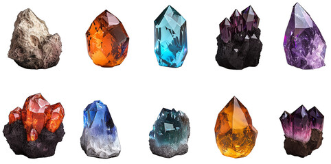 Poster - Various colorful gemstones and crystals on white background, showcasing vibrant hues and intricate formations