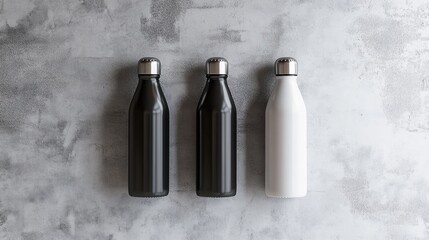 Mockup showcasing three reusable water bottles placed on a textured surface in white black or grey adorned with metallic silver caps